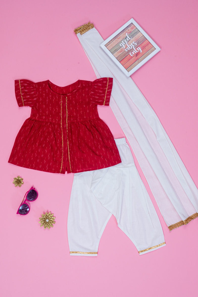 Meethi Red Ikat Top, White Pants and Dupatta for Kids