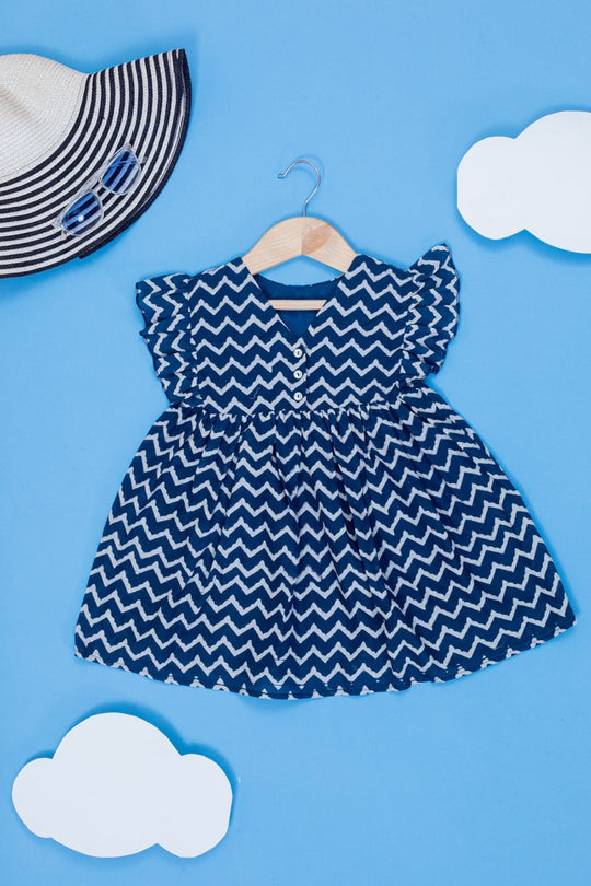 Choco Waves Block Print Ruffle Sleeve Dress for Kids