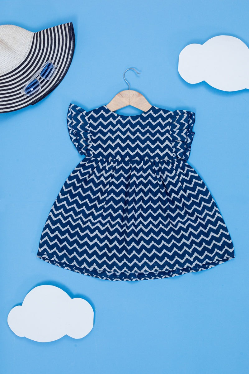 Choco Waves Block Print Ruffle Sleeve Dress for Kids