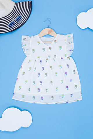 Choco White Block Print Ruffle Sleeve dress for Kids