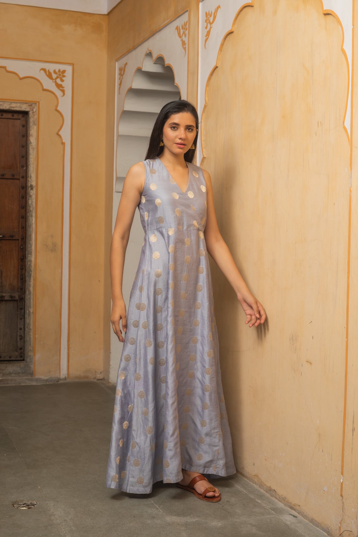 Chaitra Grey Jacquard Silk Dress and Dupatta - Set