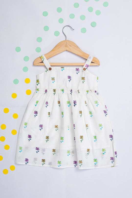 Ivy White Floral Block Print Strap Dress for Kids