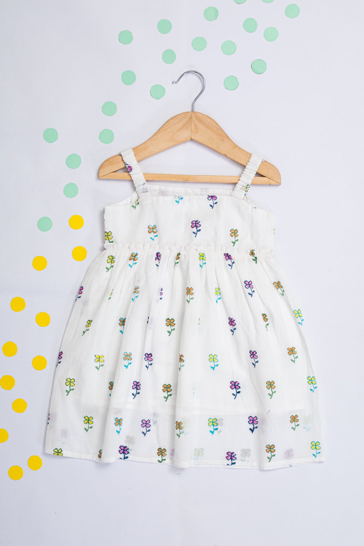 Ivy White Floral Block Print Strap Dress for Kids