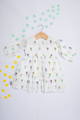 Milky White Floral Block Print Dress for Kids