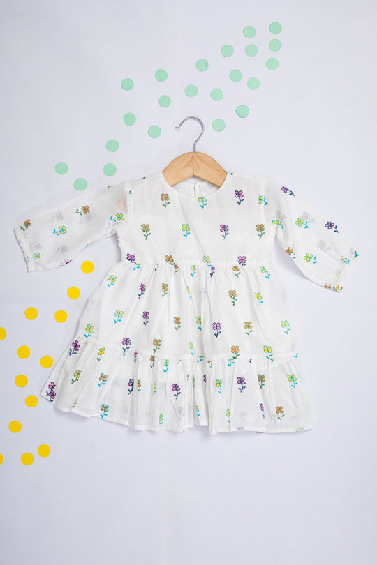 Milky White Floral Block Print Dress for Kids