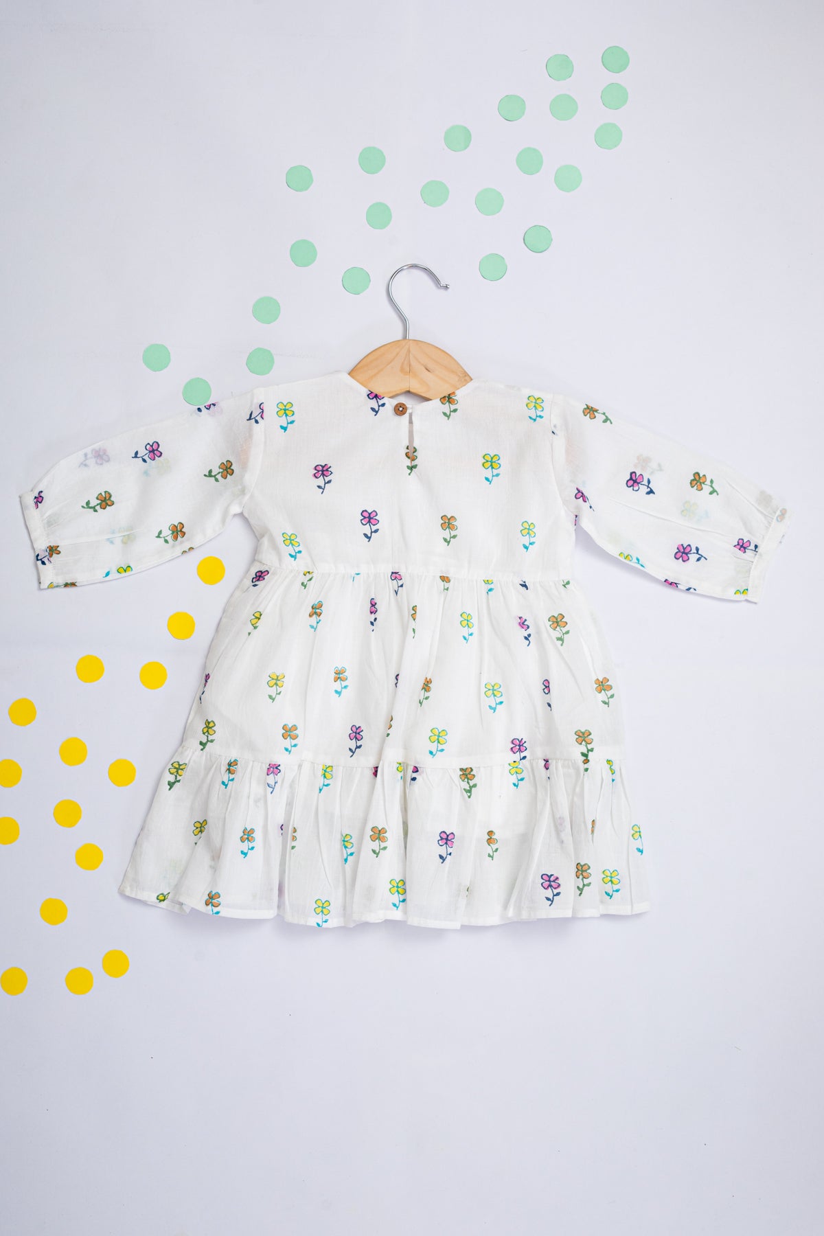 Milky White Floral Block Print Dress for Kids