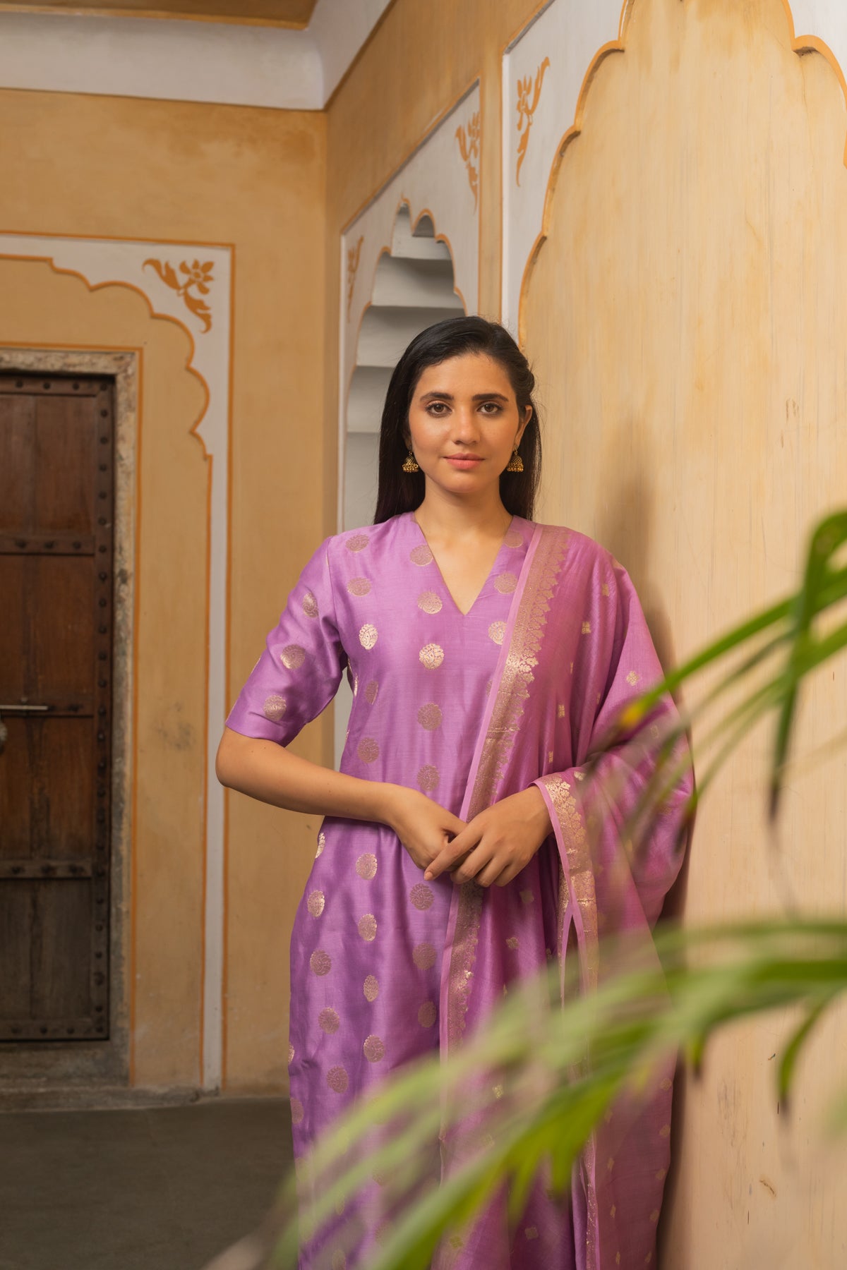Shanvi Lilac Jacquard Silk Kurta, Pants and Dupatta - Set