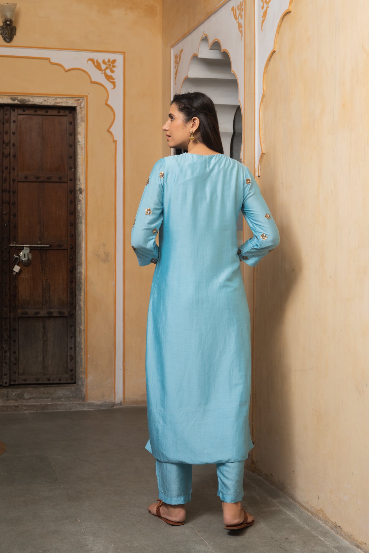 Mahita Light Blue Cotton Silk Embroidered Kurta and Pants - Set