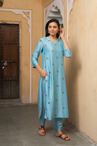 Mahita Light Blue Cotton Silk Embroidered Kurta and Pants - Set