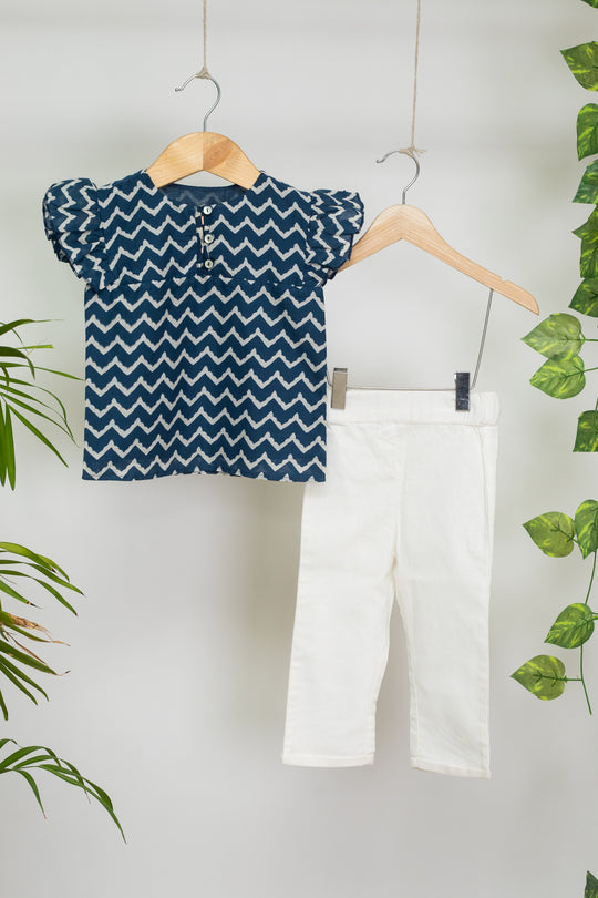 ZoZo Waves Print Ruffle Sleeve Top and White Pants for Kids