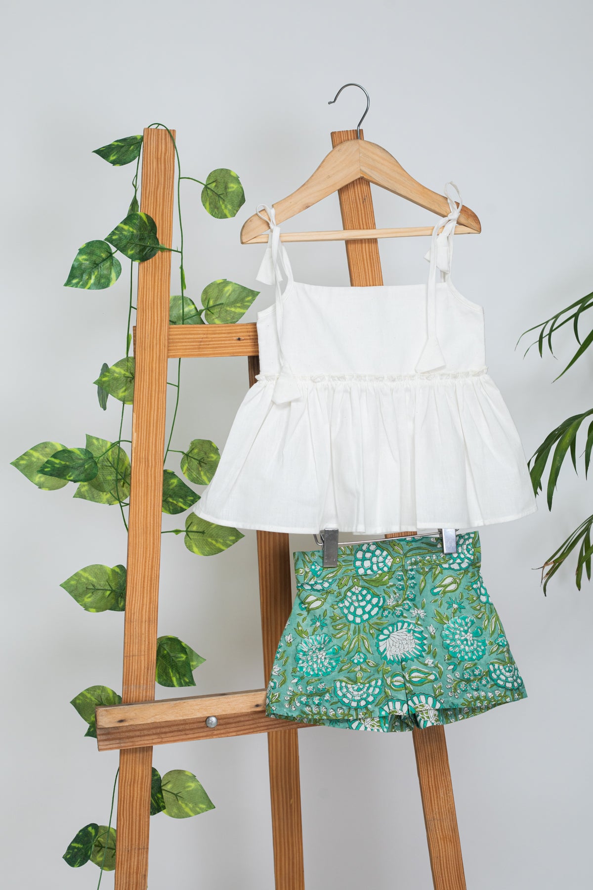 Chikki White Strap Top and Green Shorts for Kids