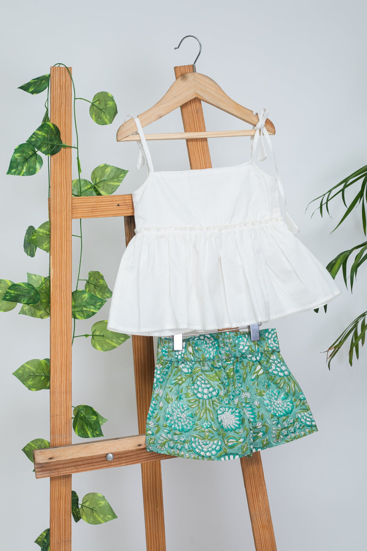 Chikki White Strap Top and Green Shorts for Kids