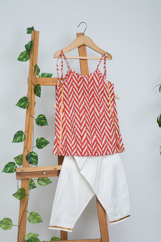 Cookie Rust Block Print Kurta, White Pants  for Kids