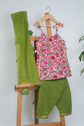 Cookie Floral Block Print Kurta, Green Pants and Dupatta for Kids
