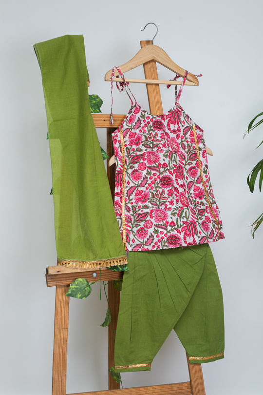 Cookie Floral Block Print Kurta, Green Pants and Dupatta for Kids