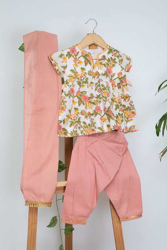 Mishty White Floral Block Print Top, Blush Pants and Dupatta for Kids