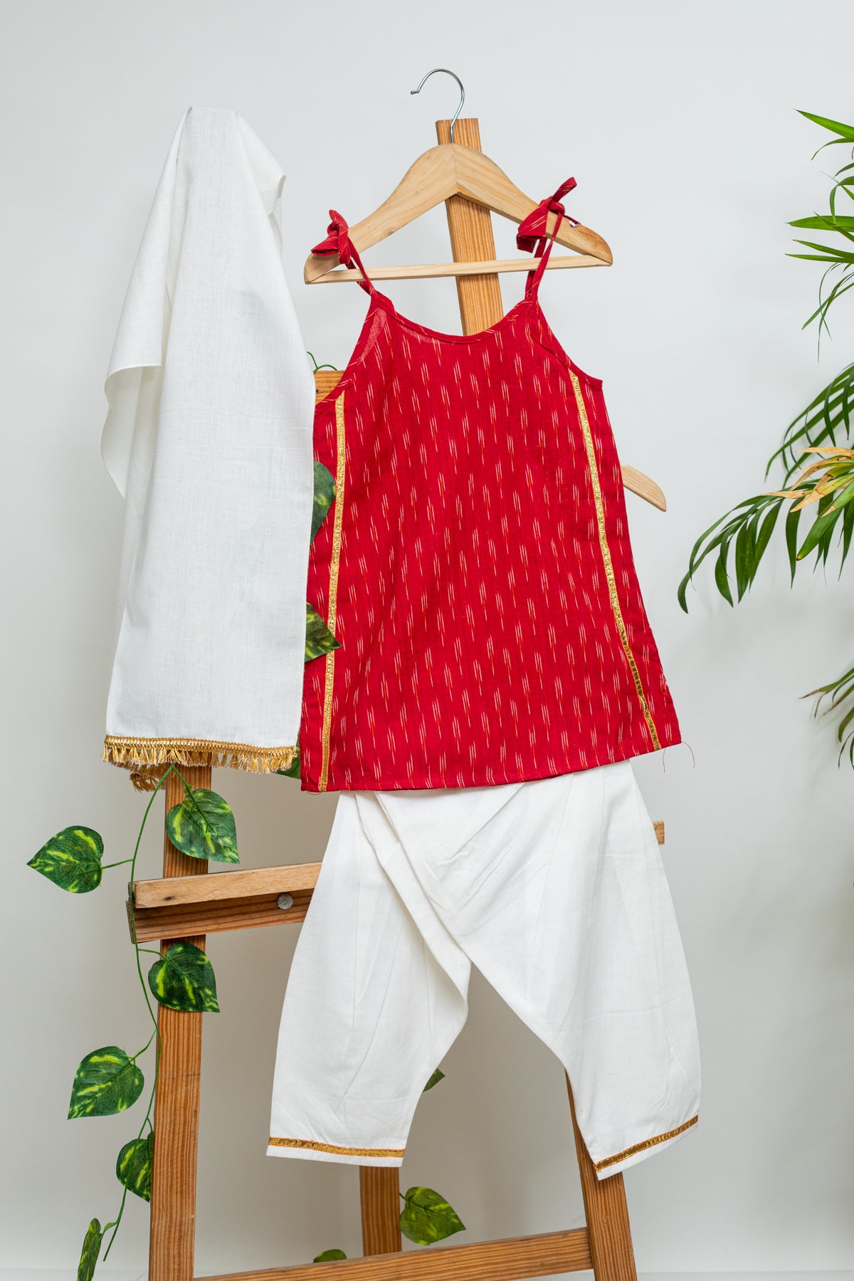 Cookie Red Ikat Kurta, White Pants and Dupatta for Kids