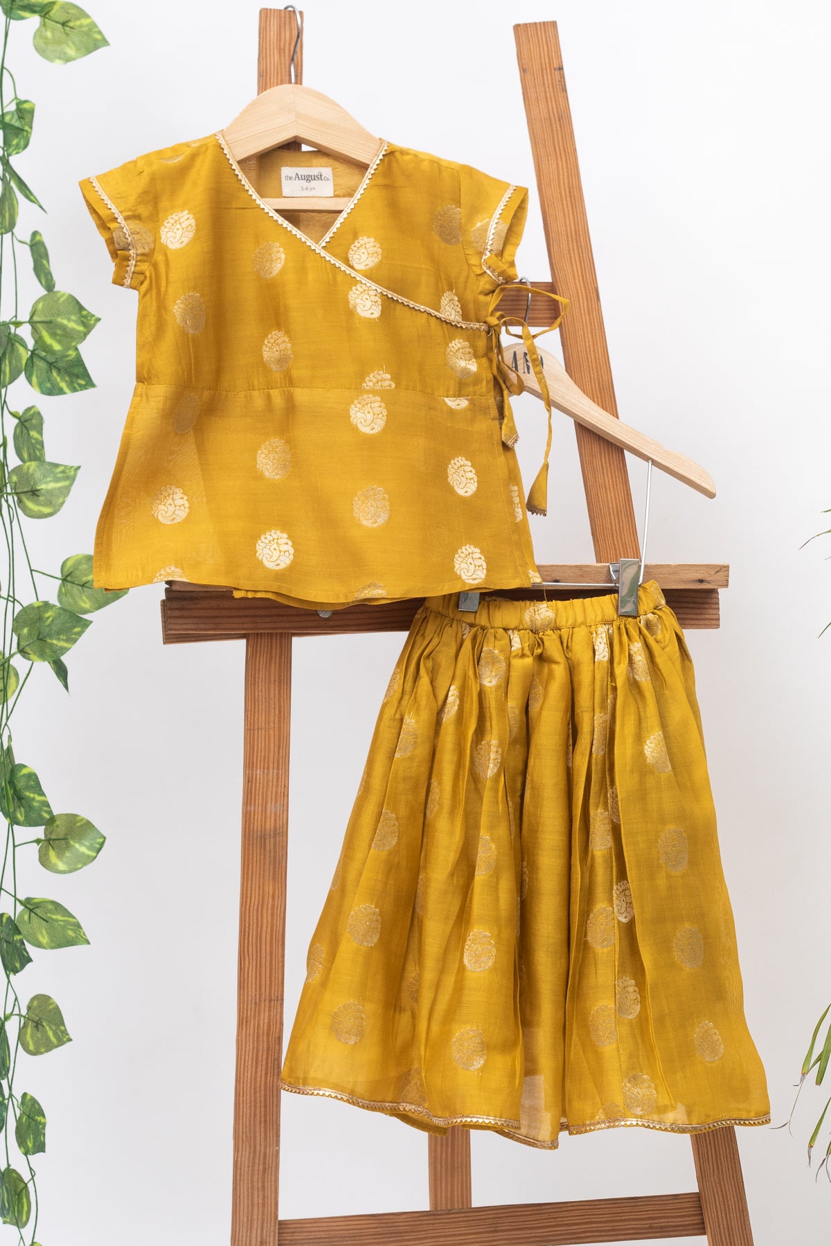 Piku Mustard Chanderi Silk  Wrap Top And Skirt For Girls-Set