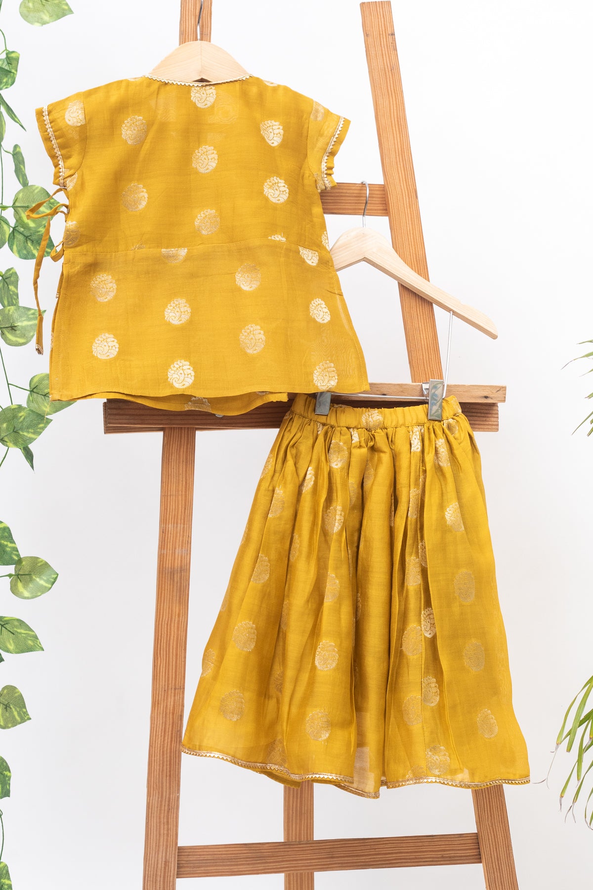 Piku Mustard Chanderi Silk  Wrap Top And Skirt For Girls-Set