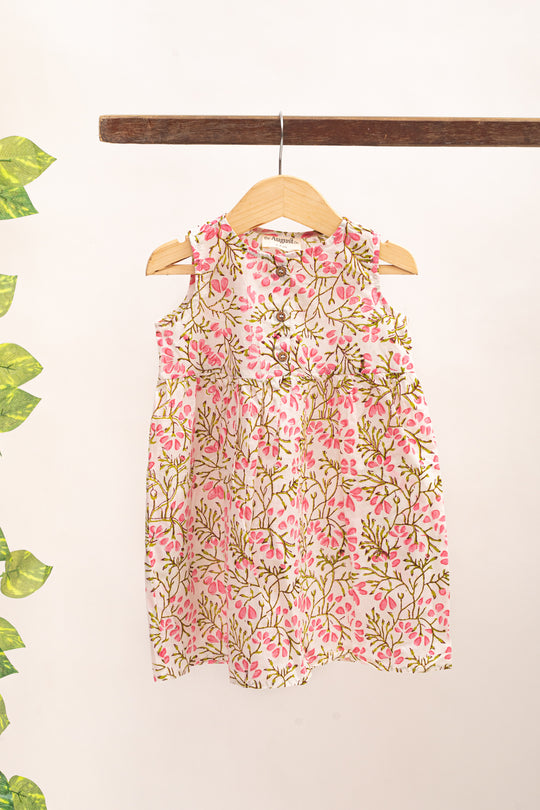 Jelly White Pink Block Print Dress for Kids