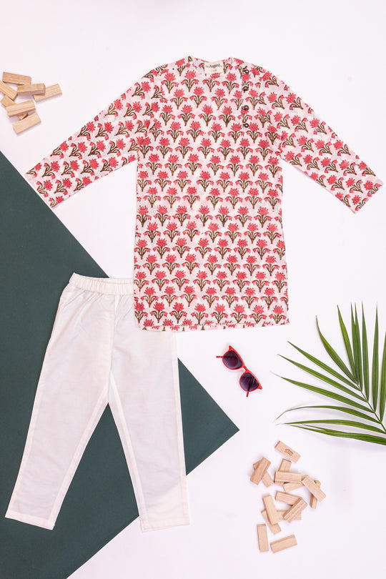 Kaanha red block print side placket kurta and pants for Boys-set