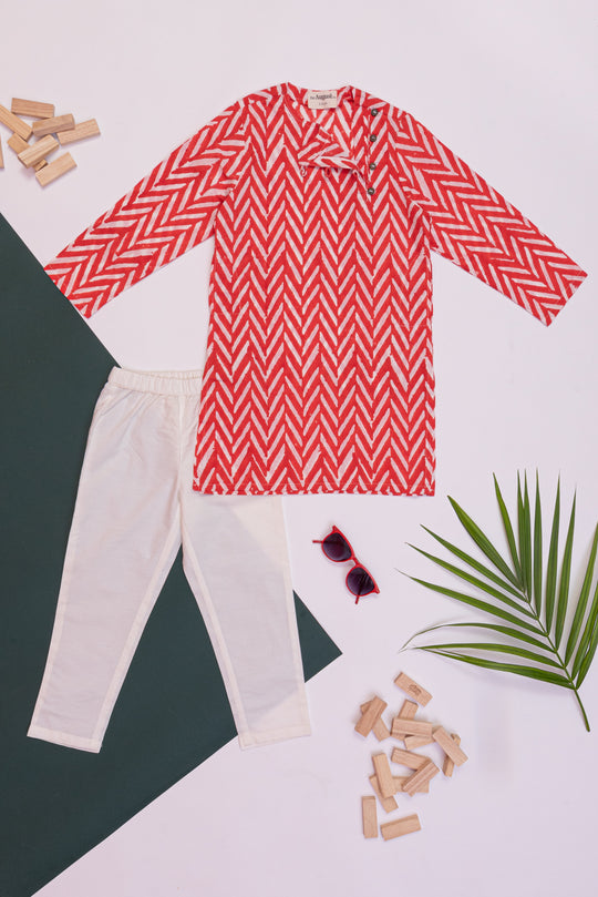 Kaanha rust print side placket kurta and pants for Boys-set