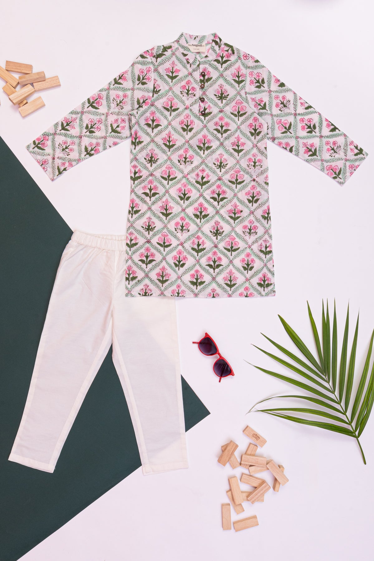 Veer white green block print kurta and pants for Boys-set
