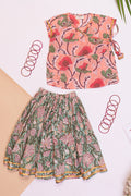 Piku peach green wrap top and skirt for girls-set