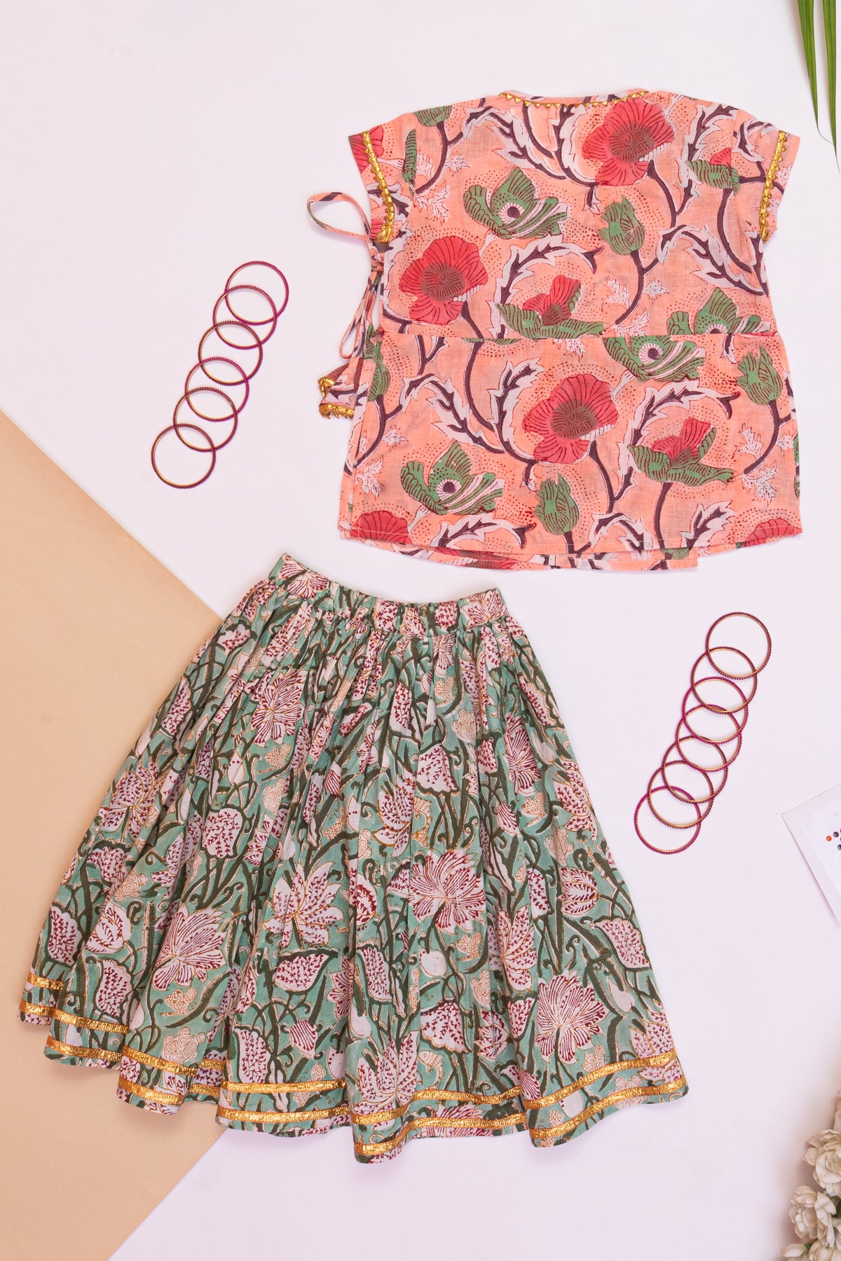 Piku peach green wrap top and skirt for girls-set