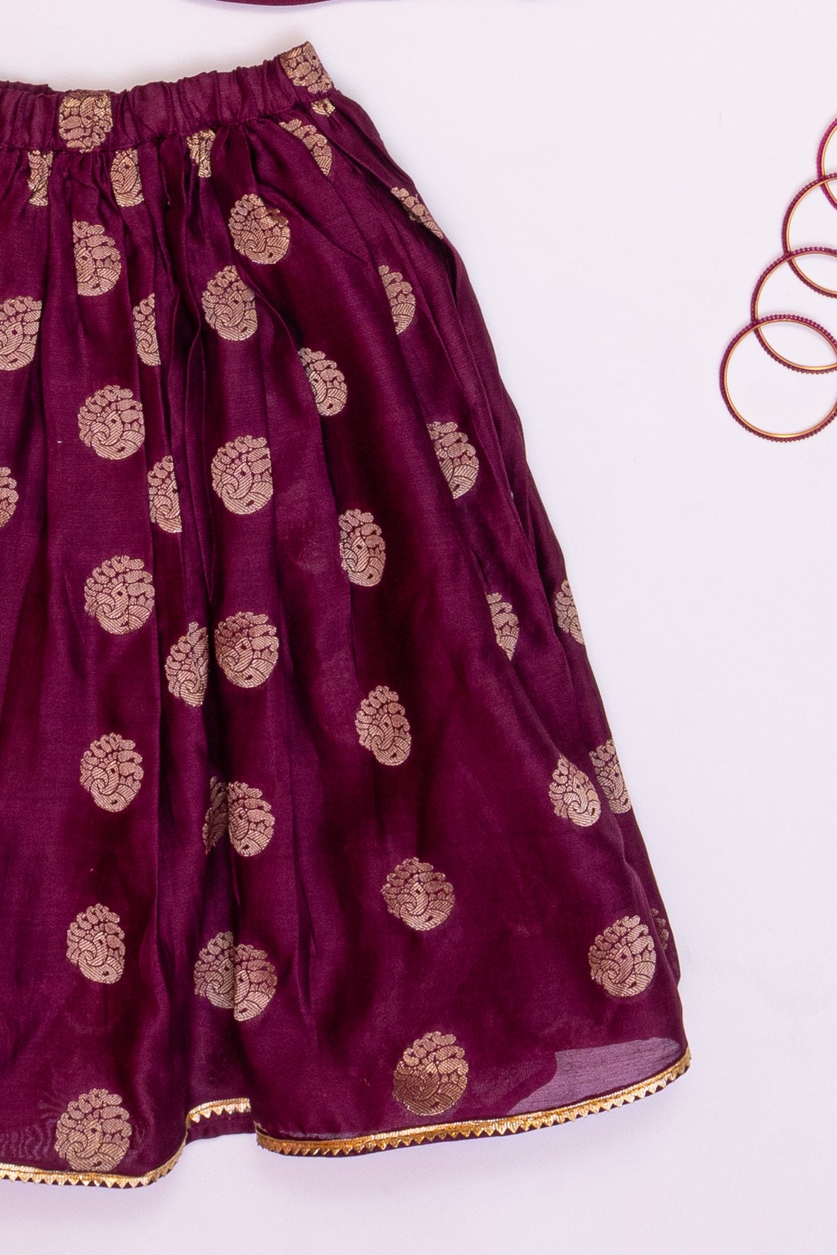 Piku Wine Chanderi Silk  Wrap Top And Skirt For Girls-Set