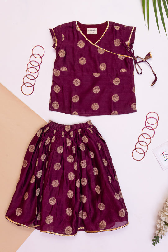 Piku Wine Chanderi Silk  Wrap Top And Skirt For Girls-Set