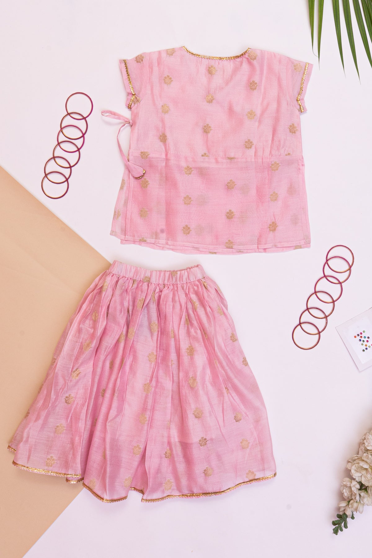 Piku Pink  Chanderi Silk  Wrap Top And Skirt For Girls-Set