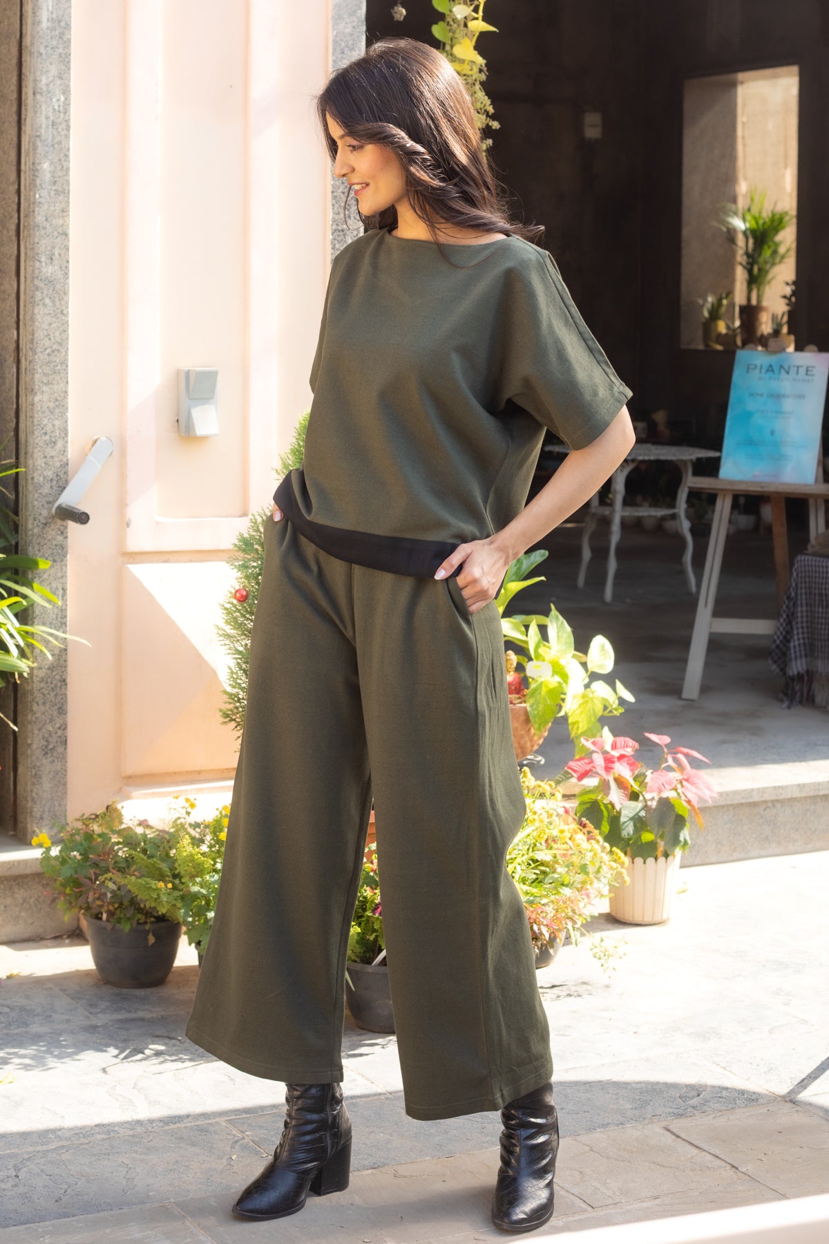 Erica Olive Green Crop Top and Flared Pants for Winter - Set