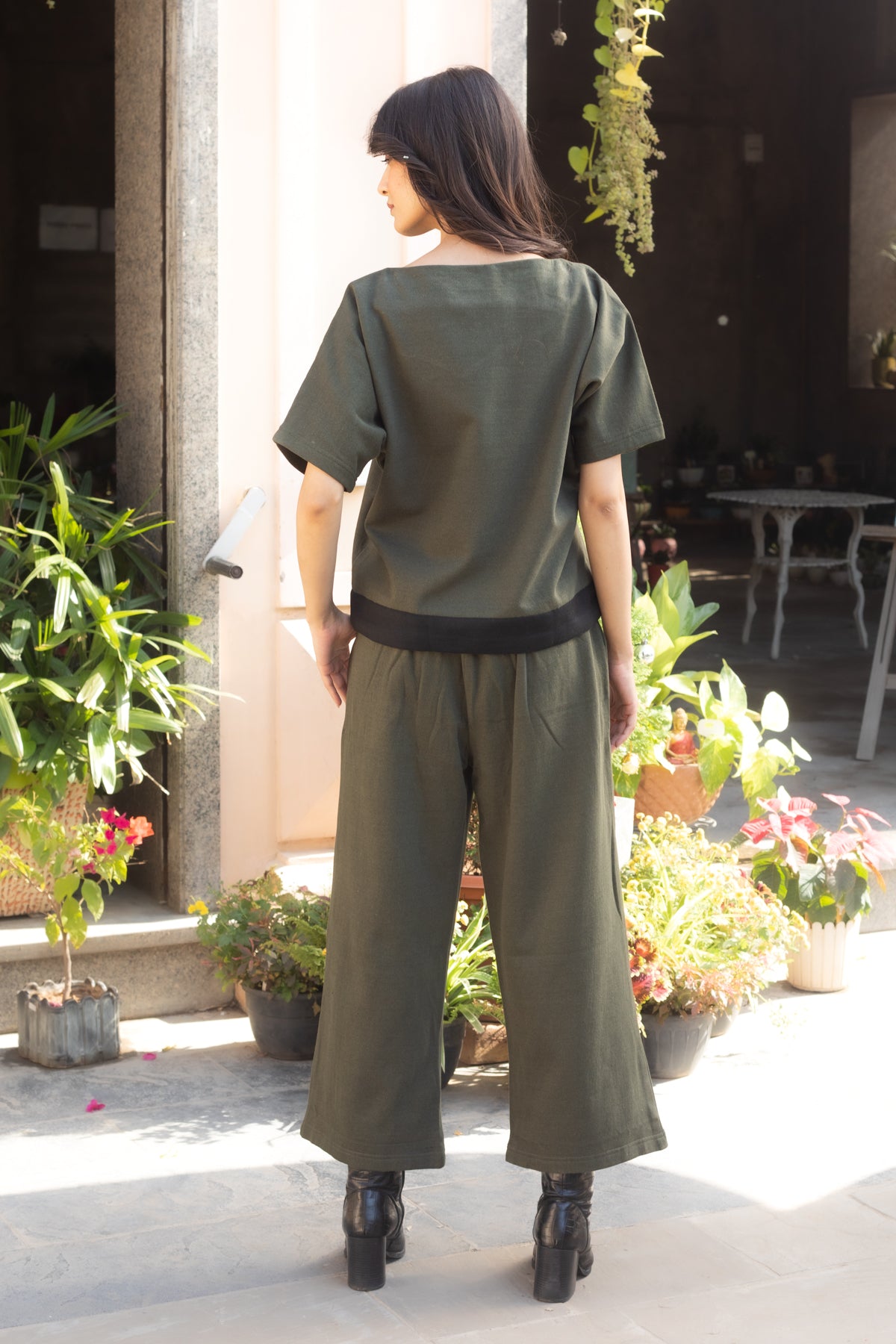 Erica Olive Green Crop Top and Flared Pants for Winter - Set