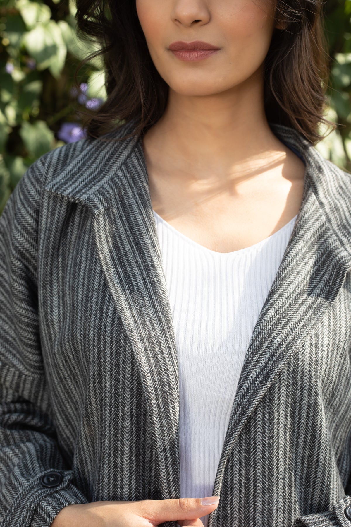 Ophelia Dark Grey Herringbone Long Wool Coat