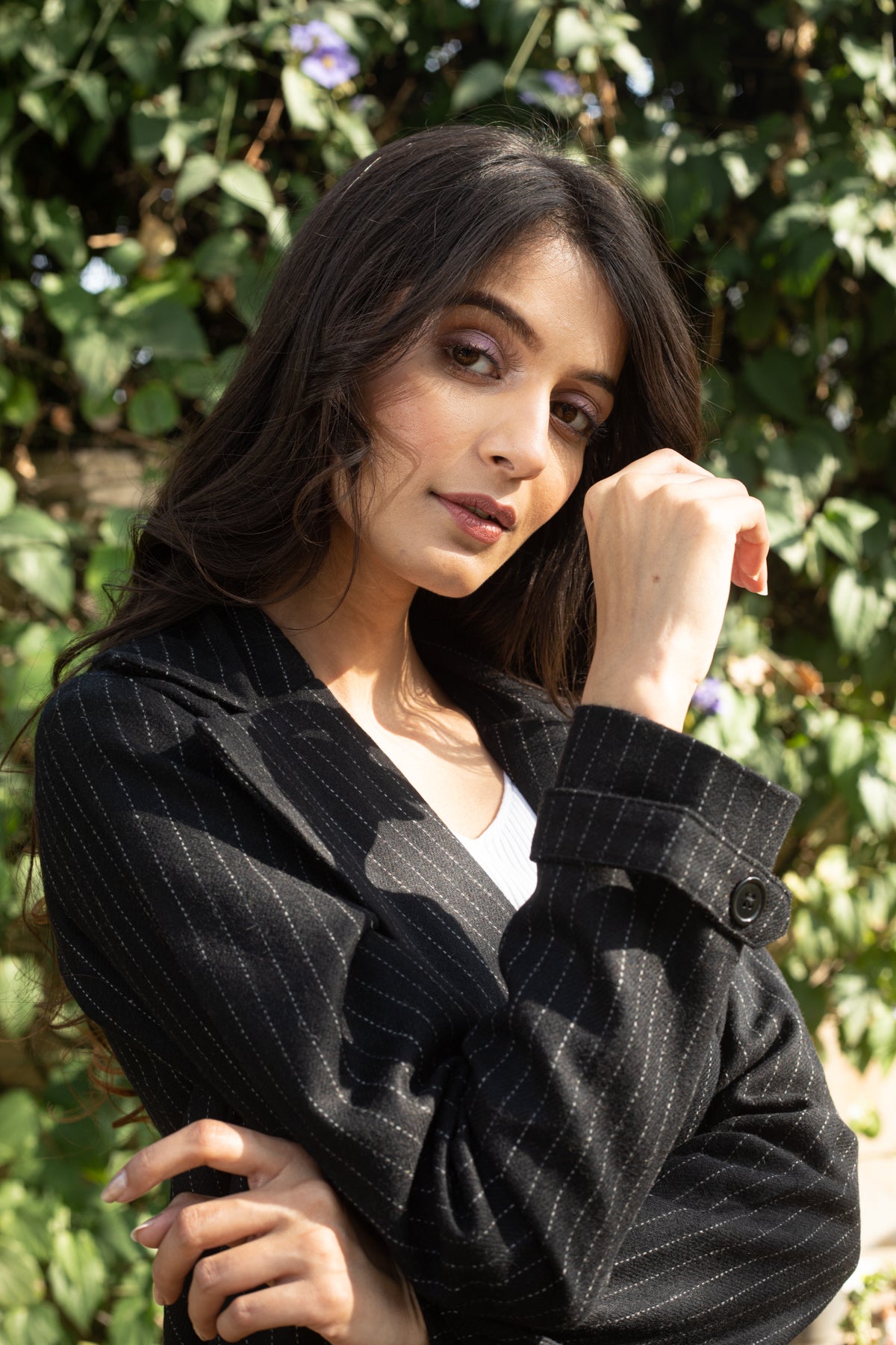 Georgia Black Pinstripe Long Wool Coat