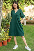 Addy Green V-Neck Kimono Sleeve Fleece Dress for Winter