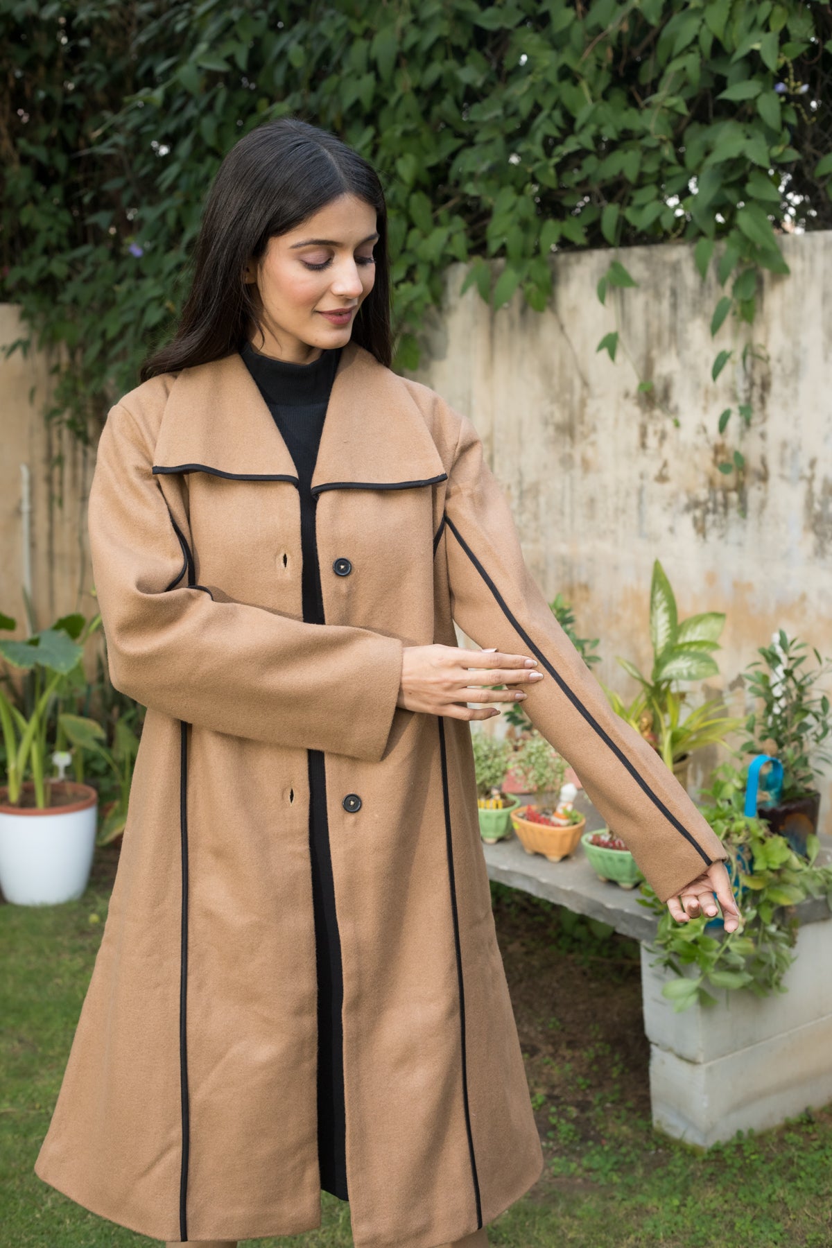 Marilyn Camel Long Wool Coat with Contrast Piping for winter