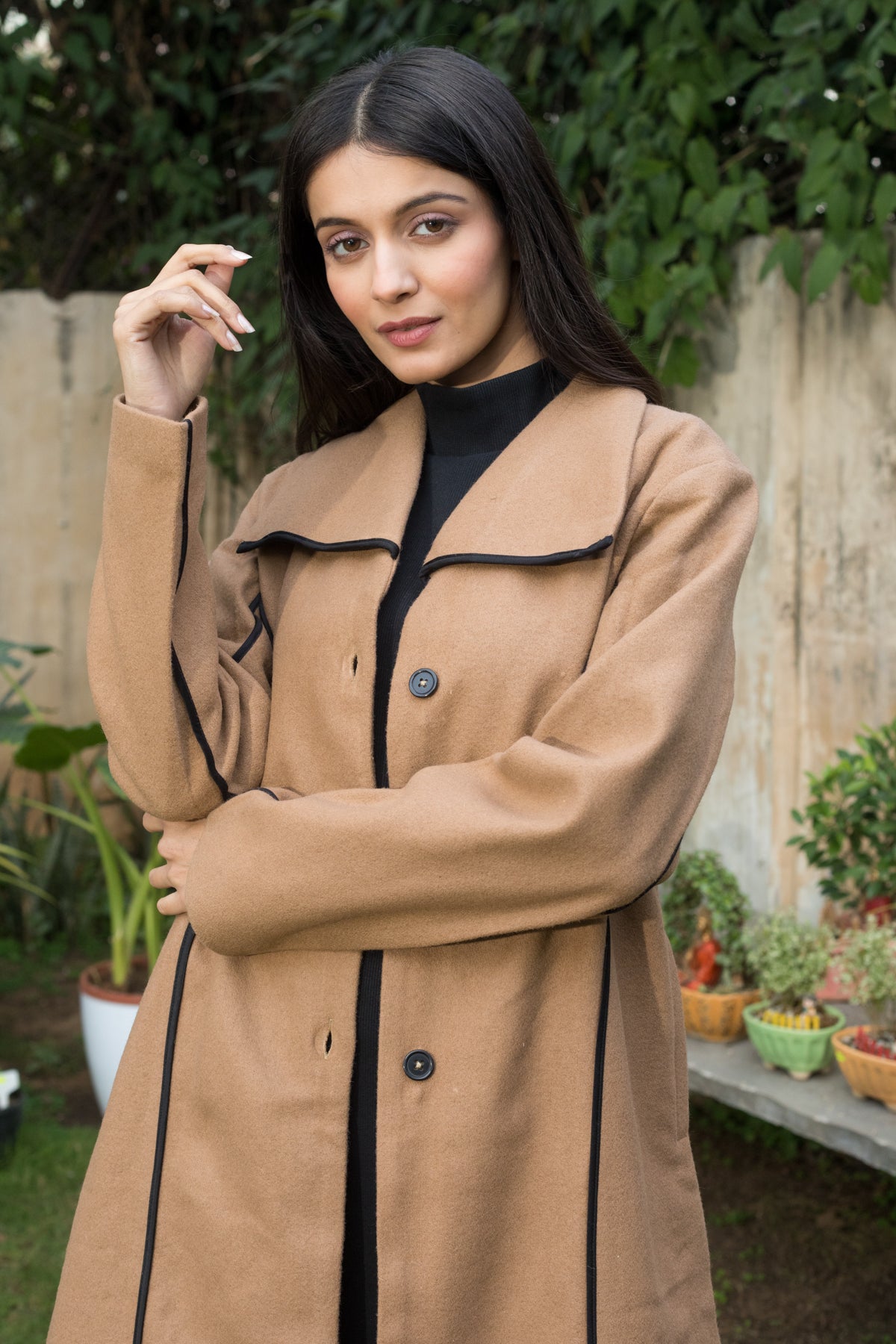 Marilyn Camel Long Wool Coat with Contrast Piping for winter – The August  Co.