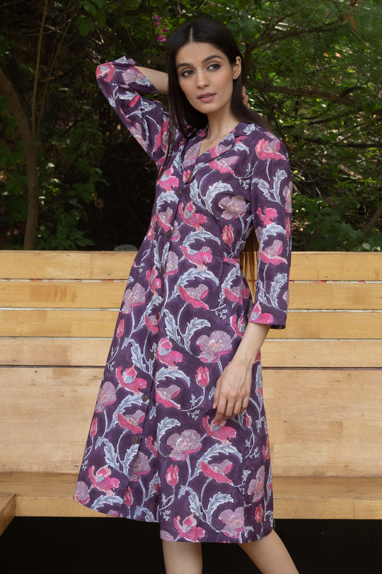 Petunia Block Print Shirt Dress - Purple
