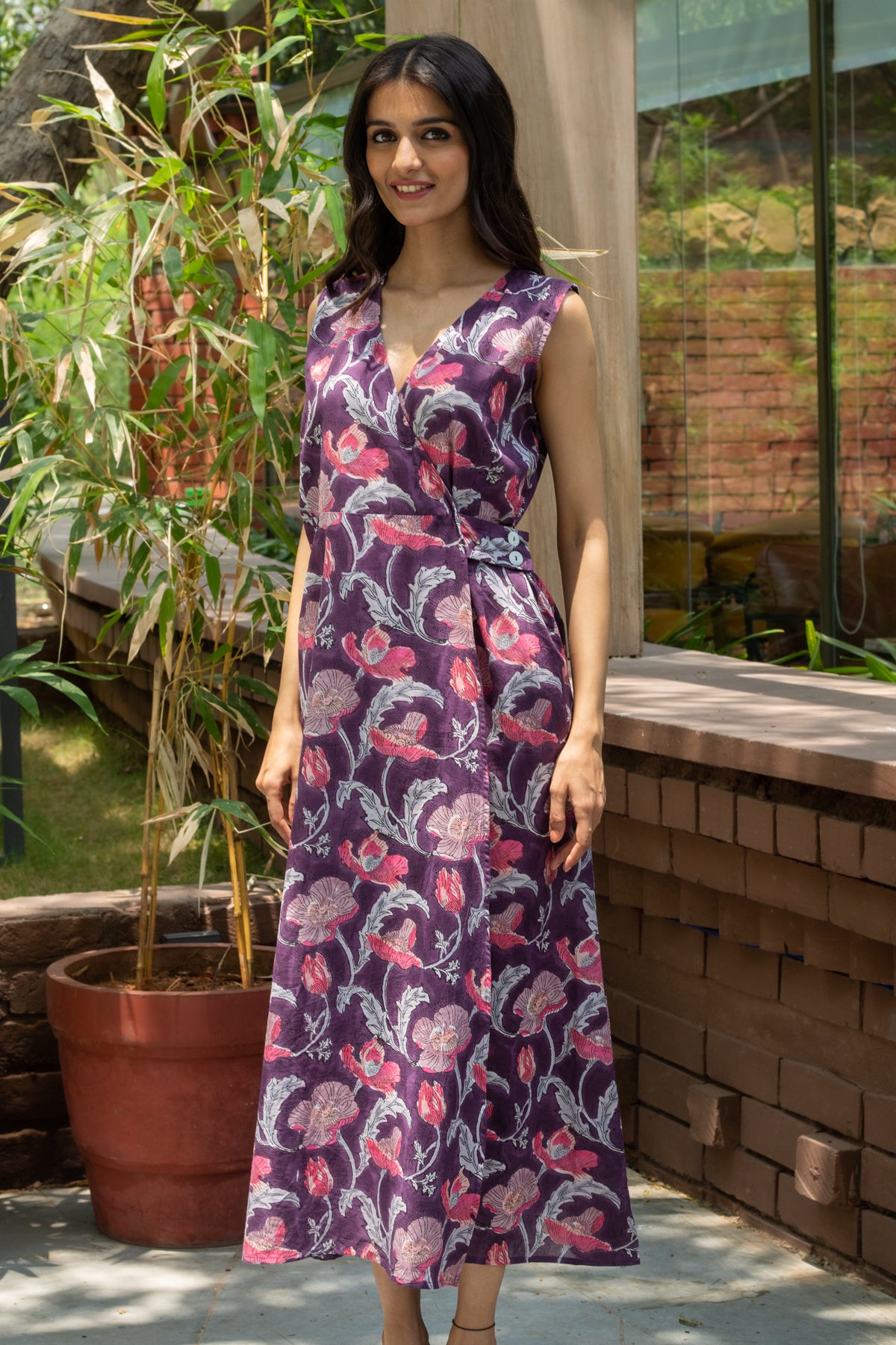 Emmy Block Print Wrap Maxi Dress - Purple