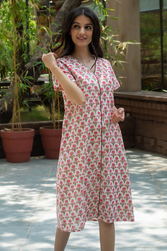 Asmi Block Print Aline Dress - Red Motif