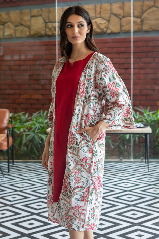 Fia Block Print Shrug - White Forest