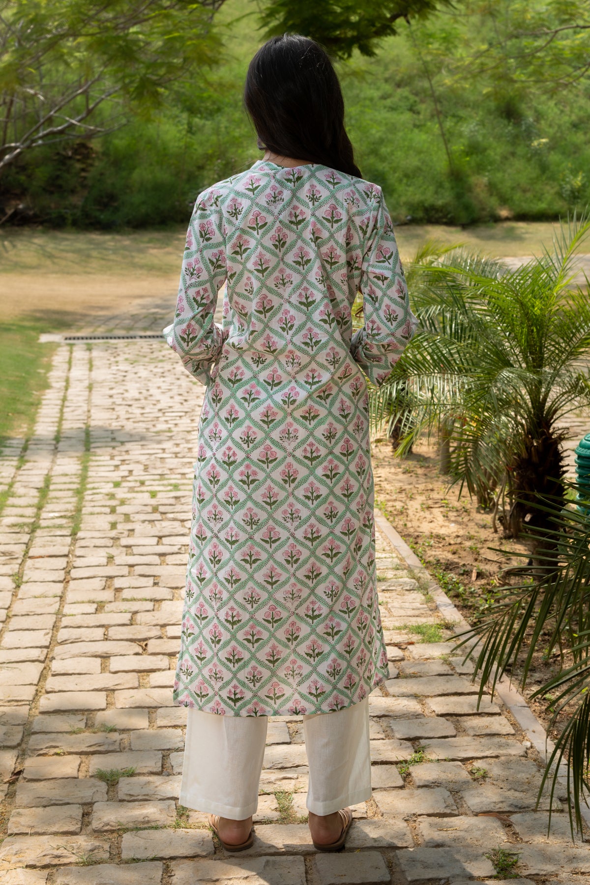 Jasmine Green Leaf Floral Block Print Kurta and Pants – Set