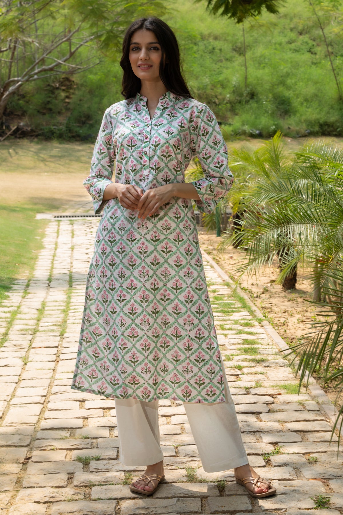 Jasmine Green Leaf Floral Block Print Kurta and Pants – Set