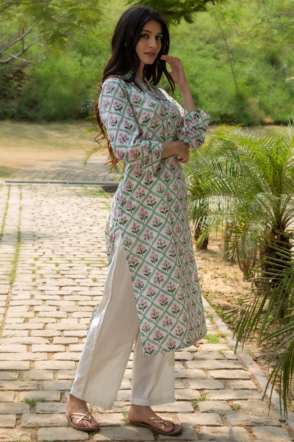 Jasmine Green Leaf Floral Block Print Kurta and Pants – Set