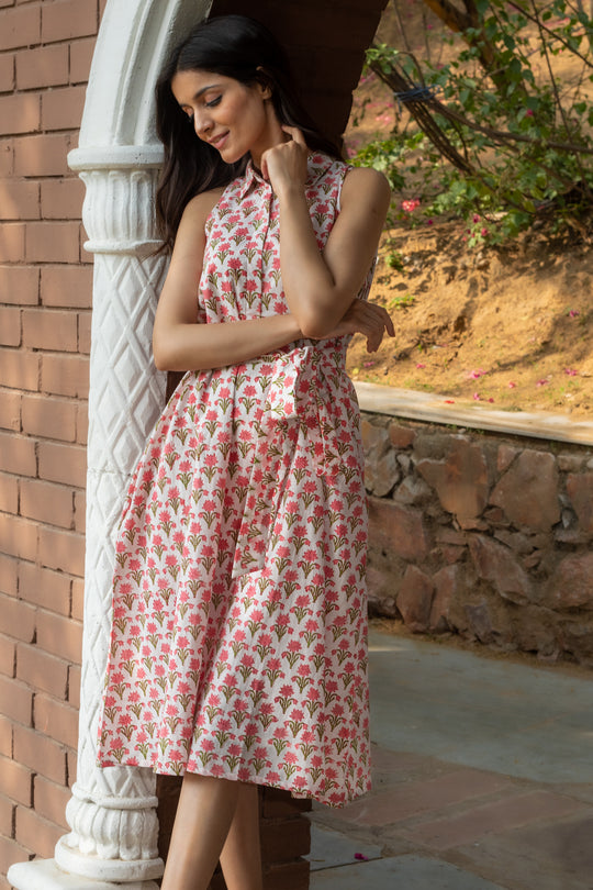 Haiti Halter Block Print Shirt Dress - Red Motif