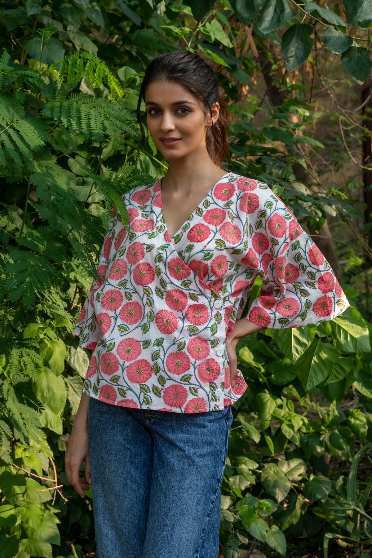 Darcy Block Print Wrap Top - Red Floral