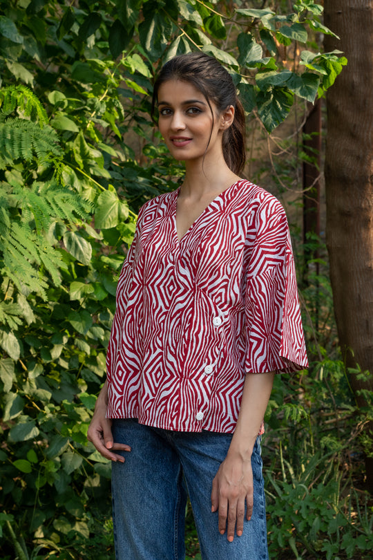 Darcy Block Print Wrap Top - Red Abstract