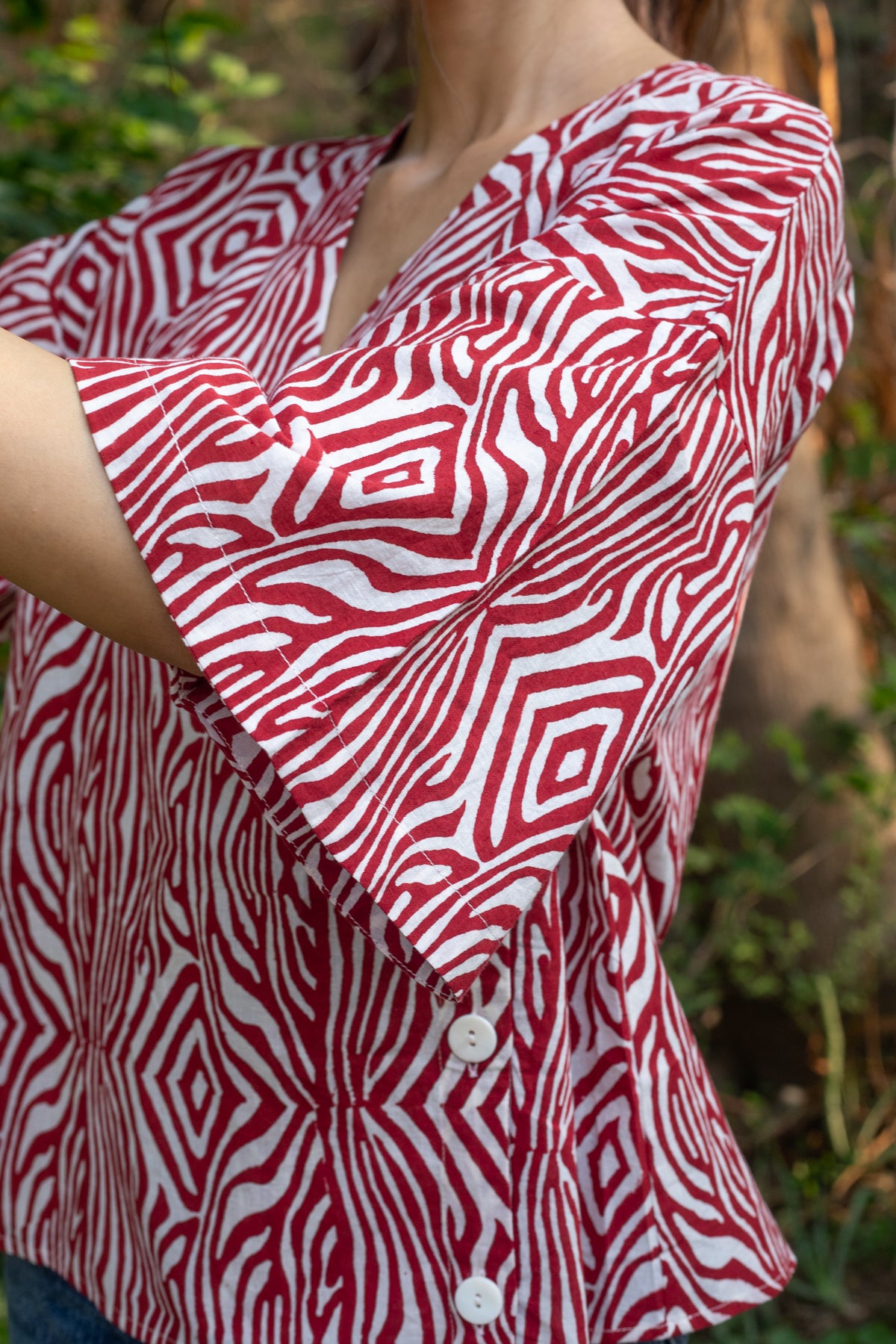 Darcy Block Print Wrap Top - Red Abstract